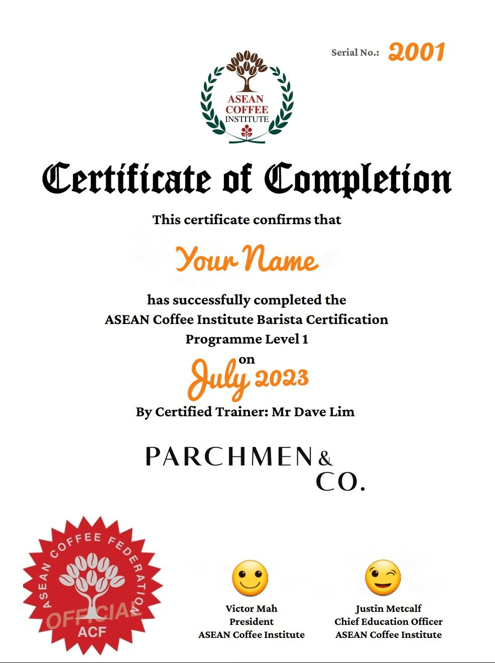 ASEAN Coffee Institute (ACI) Barista Level 1 May Program Blended Lea